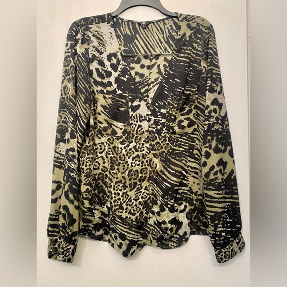 Guess Women’s Animal Print Green Cheetah Blouse XL‎ - Picture 1 of 6